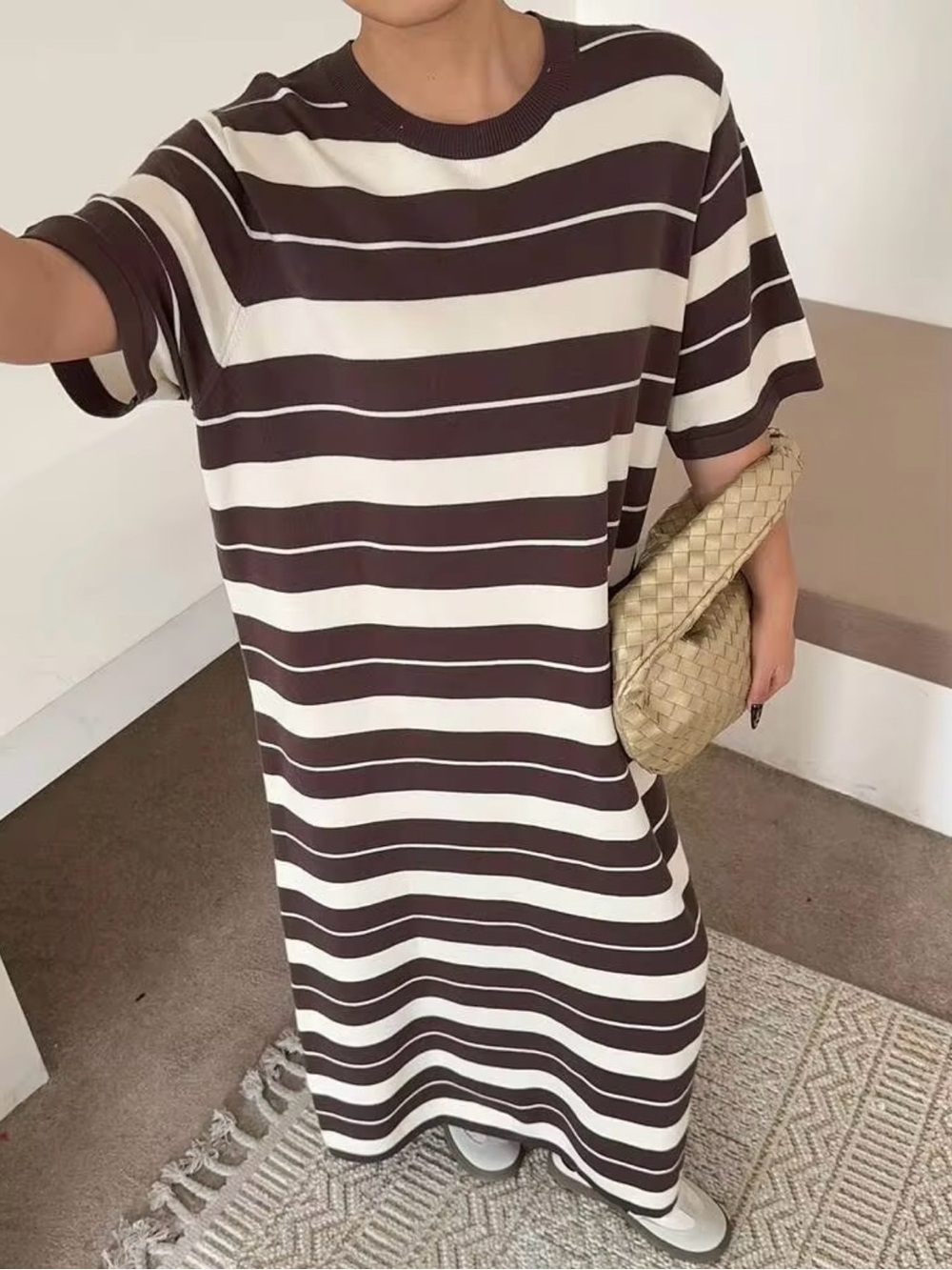 Striped Brown & Cream Casual T-Shirt Dress